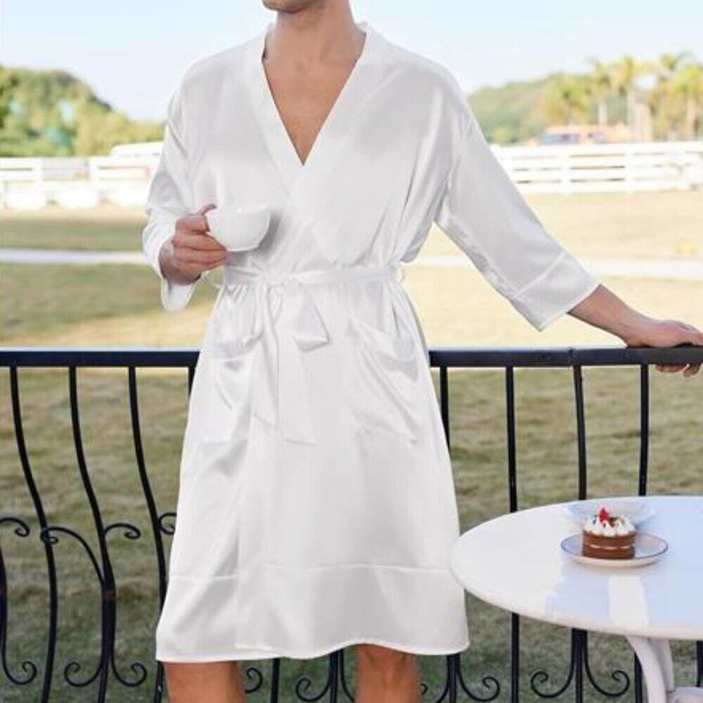 Men’s White Lightweight Silky Satin Robe Kimono Bathrobe 3/4 Sleeve with Pockets